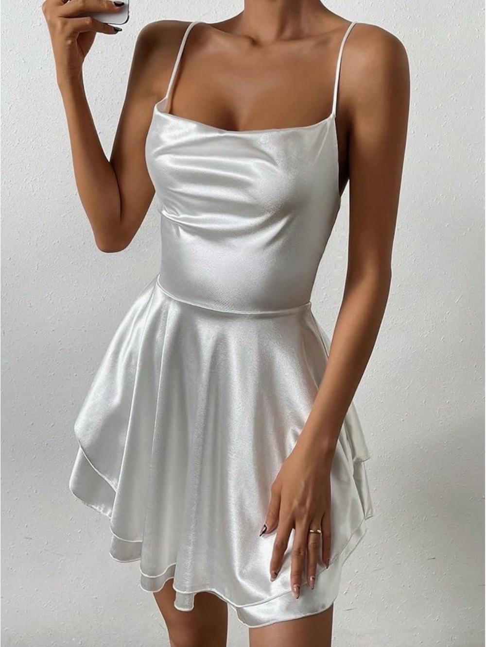 Satin Cowl Neck Spaghetti Strap Mini romper - White